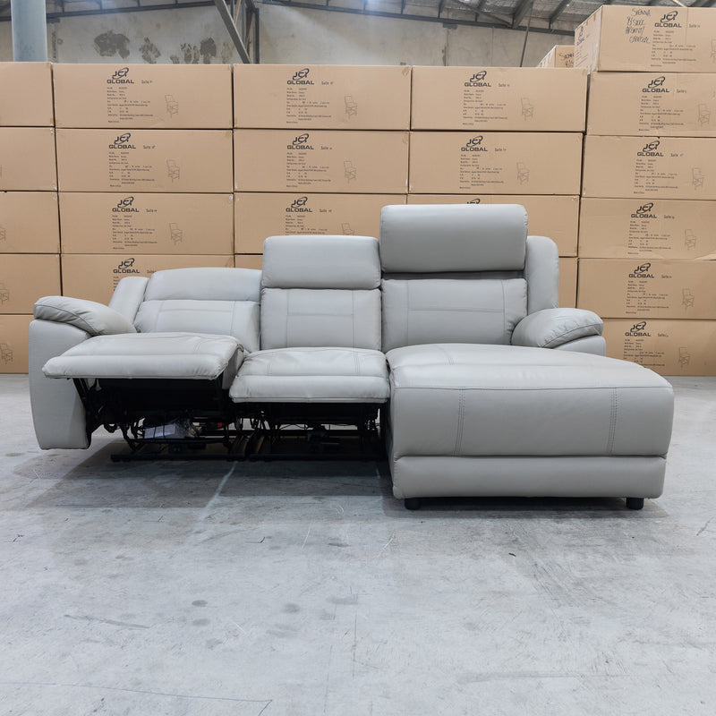 The Venus Three Seater Dual-Electric Chaise Recliner Lounge - Dove Leather available to purchase from Warehouse Furniture Clearance at our next sale event.