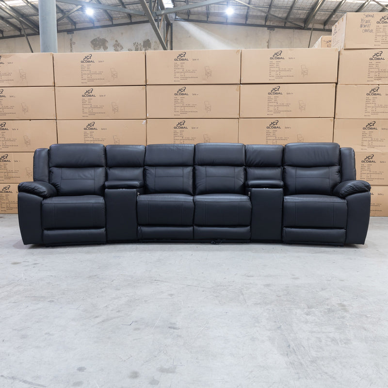 The Venus Four Seat Dual-Electric Recliner Theatre - Black Leather available to purchase from Warehouse Furniture Clearance at our next sale event.