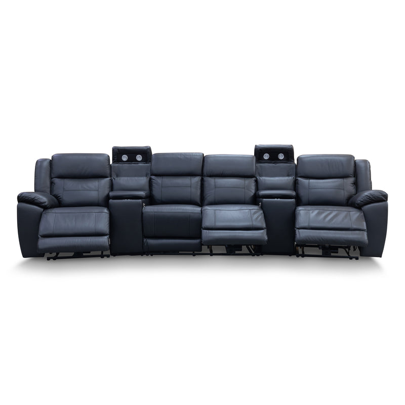 The Venus Four Seat Dual-Electric Recliner Theatre - Black Leather available to purchase from Warehouse Furniture Clearance at our next sale event.