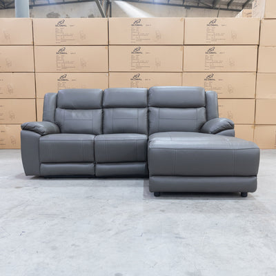 The Venus Three Seater Dual-Motor Chaise Recliner Lounge - Storm Leather available to purchase from Warehouse Furniture Clearance at our next sale event.