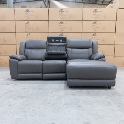 The Venus Three Seater Dual-Motor Chaise Recliner Lounge - Storm Leather available to purchase from Warehouse Furniture Clearance at our next sale event.