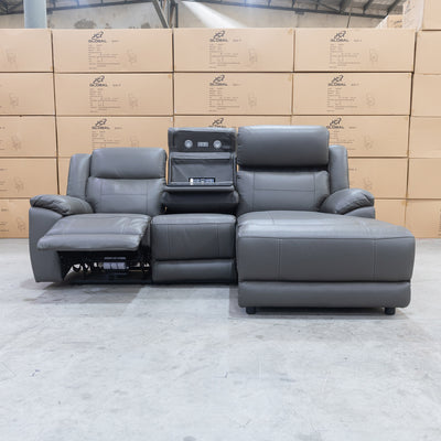 The Venus Three Seater Dual-Motor Chaise Recliner Lounge - Storm Leather available to purchase from Warehouse Furniture Clearance at our next sale event.