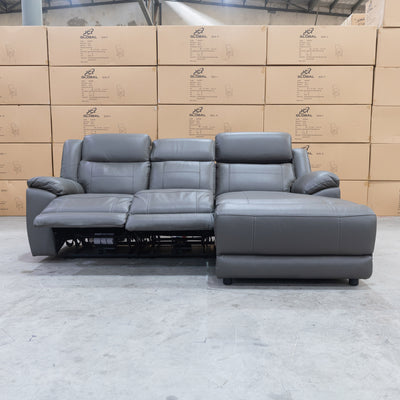 The Venus Three Seater Dual-Motor Chaise Recliner Lounge - Storm Leather available to purchase from Warehouse Furniture Clearance at our next sale event.