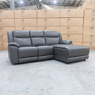 The Venus Three Seater Dual-Motor Chaise Recliner Lounge - Storm Leather available to purchase from Warehouse Furniture Clearance at our next sale event.