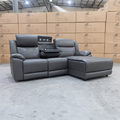 The Venus Three Seater Dual-Motor Chaise Recliner Lounge - Storm Leather available to purchase from Warehouse Furniture Clearance at our next sale event.