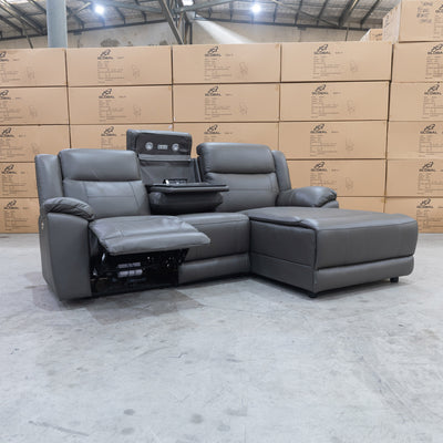 The Venus Three Seater Dual-Motor Chaise Recliner Lounge - Storm Leather available to purchase from Warehouse Furniture Clearance at our next sale event.