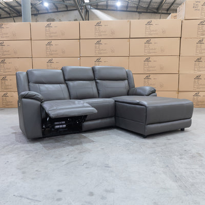 The Venus Three Seater Dual-Motor Chaise Recliner Lounge - Storm Leather available to purchase from Warehouse Furniture Clearance at our next sale event.