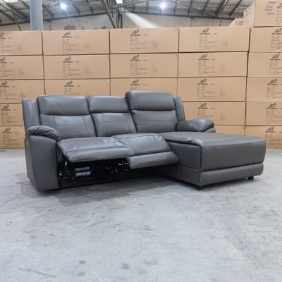 The Venus Three Seater Dual-Motor Chaise Recliner Lounge - Storm Leather available to purchase from Warehouse Furniture Clearance at our next sale event.