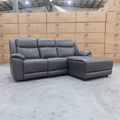 The Venus Three Seater Dual-Motor Chaise Recliner Lounge - Storm Leather available to purchase from Warehouse Furniture Clearance at our next sale event.