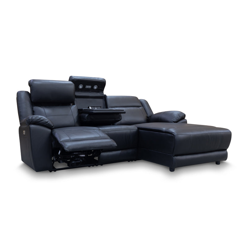 The Venus Three Seater Dual-Electric Chaise Recliner Lounge- Black Leather available to purchase from Warehouse Furniture Clearance at our next sale event.