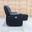 The Venus Three Seater Dual-Electric Chaise Recliner Lounge- Black Leather available to purchase from Warehouse Furniture Clearance at our next sale event.