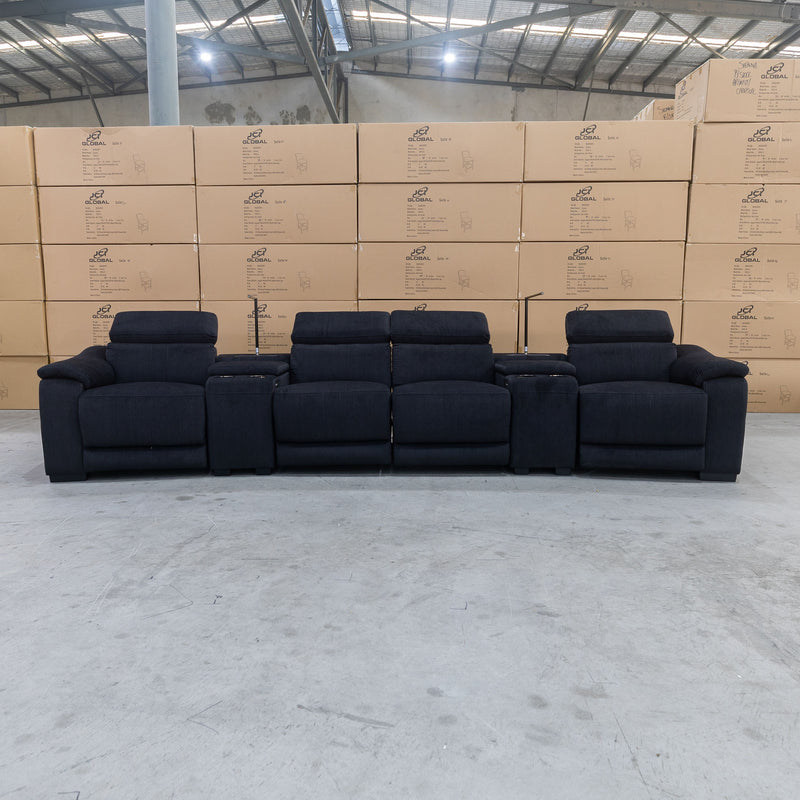 The Zenn Four Seater Theatre Electric Recliner Lounge – Charcoal YD Velvet available to purchase from Warehouse Furniture Clearance at our next sale event.