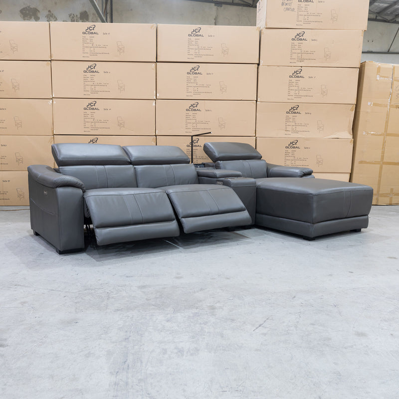The Zenn Three Seater Chaise Electric Recliner Lounge – Storm Leather available to purchase from Warehouse Furniture Clearance at our next sale event.