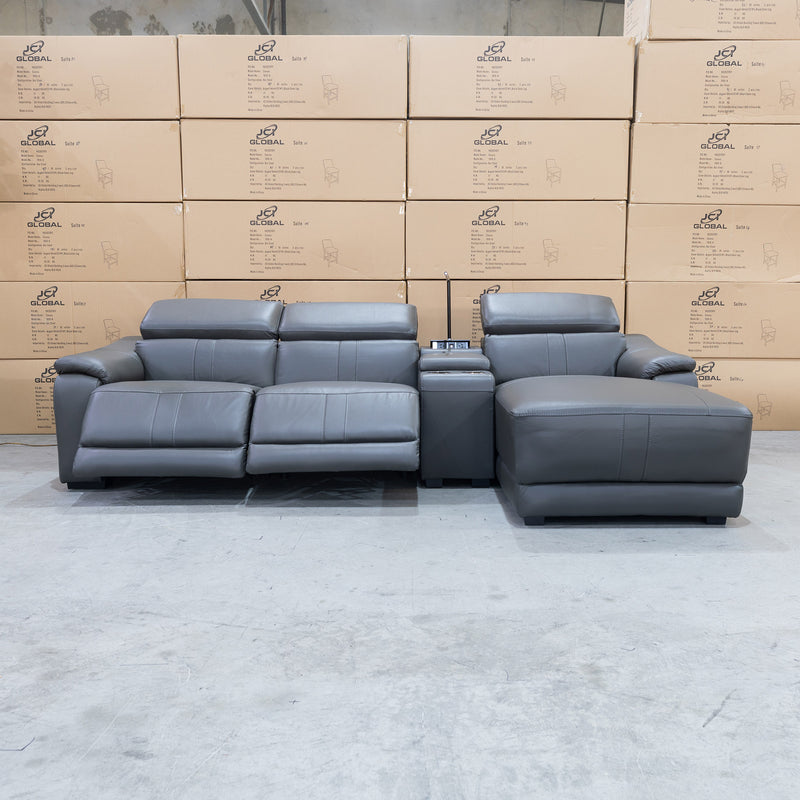 The Zenn Three Seater Chaise Electric Recliner Lounge – Storm Leather available to purchase from Warehouse Furniture Clearance at our next sale event.