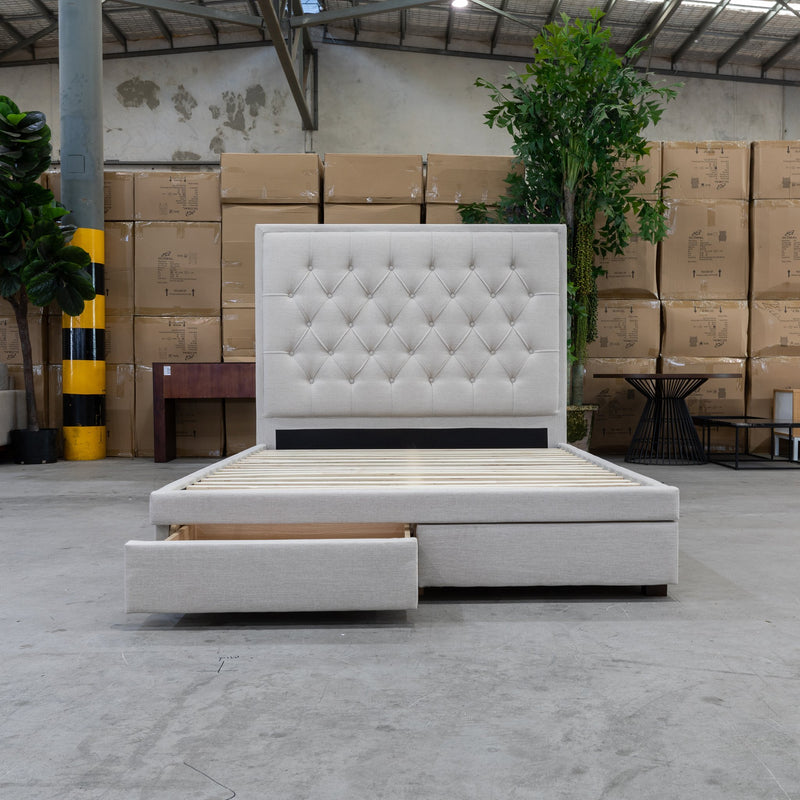 The Nora King Fabric Storage Bed - Oat White available to purchase from Warehouse Furniture Clearance at our next sale event.